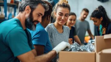 Diverse group of volunteers sorting donations into boxes. photo