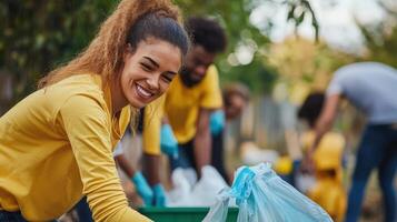 Group of people cheerfully cleaning up a public space. photo