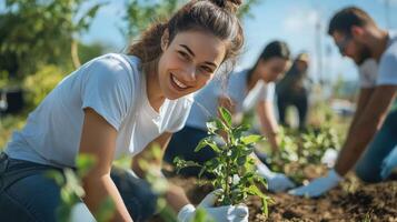 Smiling volunteer planting sapling in community garden. photo