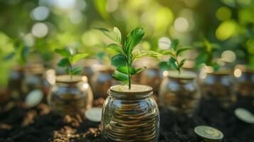 Small plants growing from money jars in soil. photo