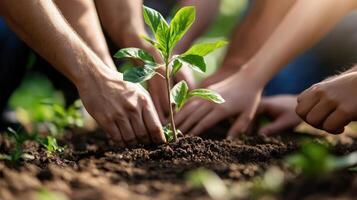 Hands planting a young seedling in fertile soil. photo