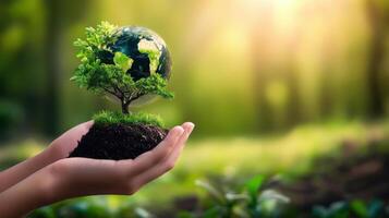 A small tree planted in soil held in hands, symbolizing environmental stewardship. photo