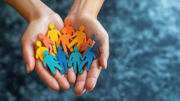 Diverse figures held in caring hands. photo