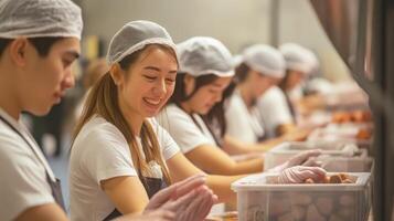 Food processing workers sorting produce in a factory. photo