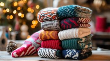 Stacked colorful warm socks displayed against a blurred holiday backdrop. photo