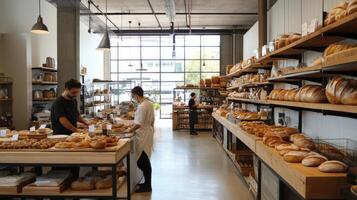 Interior view of a modern bakery with patrons and bakers. photo