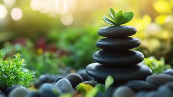 Balanced stones with emerging plant life in a garden setting. photo