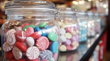 Colorful sweets displayed in clear glass jars. photo