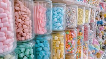 Colorful candy jars display a vibrant array of treats. photo