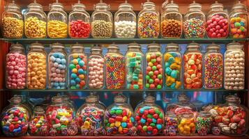Colorful display of assorted candies in glass jars. photo