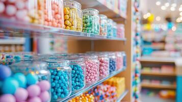 Colorful candy jars displayed on store shelves. photo
