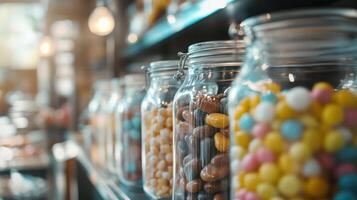 Glass jars filled with colorful candies on a shop shelf. photo