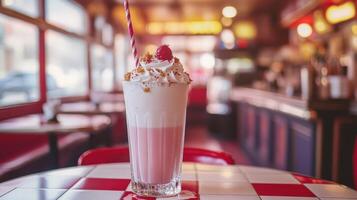 Pink milkshake with whipped cream and topping, presented in a diner. photo