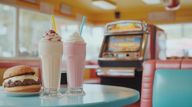Retro diner scene with milkshakes and burger. photo