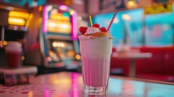 A delightful milkshake in a retro diner setting. photo