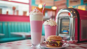 Colorful milkshake and burger in a vintage diner. photo