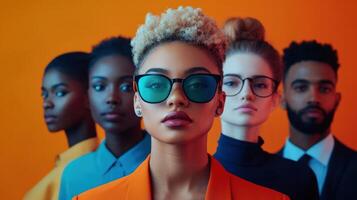 Diverse group of people in vibrant hues, front-facing. photo