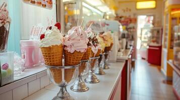 Delicious ice cream cones displayed in a sweet shop. photo