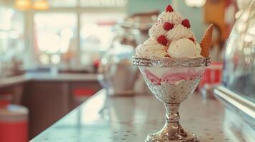 Creamy ice cream sundae displayed on a counter. photo
