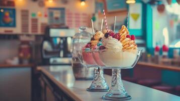 Colorful ice cream desserts displayed on a cafe counter. photo