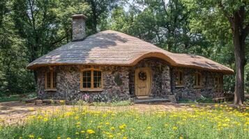 Stone cottage nestled amidst a field of wildflowers. photo
