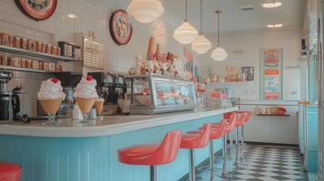 Retro diner interior with vibrant turquoise and red accents. photo