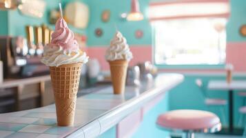 Two ice cream cones on a counter in a pastel-colored diner. photo