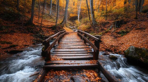 Autumnal wooden bridge over a rushing stream in a forest. photo