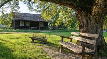 Wooden house and bench beneath a large tree in a sunny garden. photo