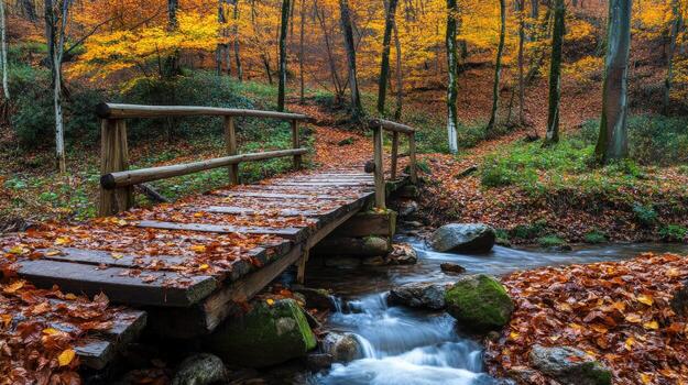 Rustic wooden bridge over a flowing stream in autumn forest. photo
