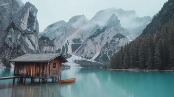 Tranquil mountain lake cabin nestled amongst misty peaks. photo
