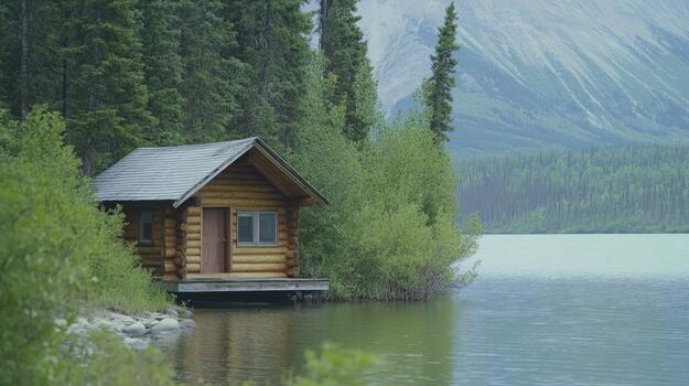 Rustic log cabin nestled beside a tranquil lake in a forested mountain landscape. photo