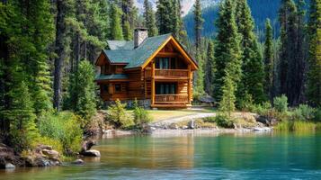 Picturesque log cabin nestled beside a serene lake. photo