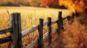 Rustic wooden fence bordering a golden autumn field. photo