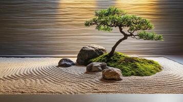 Peaceful zen garden display with miniature pine tree. photo