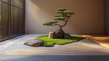 Tranquil zen garden scene with miniature pine tree. photo