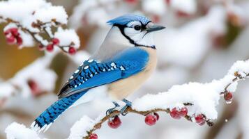 Beautiful blue jay perched on a snowy branch with berries. photo