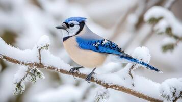 A blue jay perches on a snowy winter branch. photo