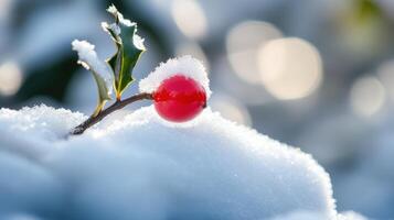Snowy winter scene with a vibrant red berry. photo