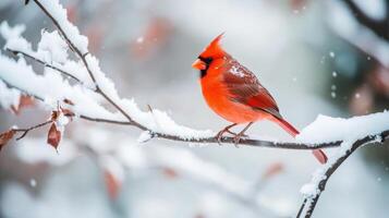 A red bird is sitting on a branch in the snow photo