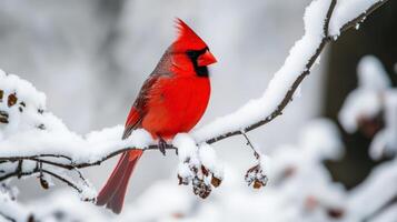 Winter scene of a vibrant cardinal perched on snowy branch. photo