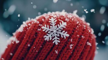 Closeup of a red knitted winter hat covered in snow. photo
