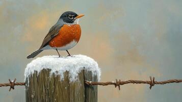 Detailed illustration of a robin perched on a snowy fence post. photo