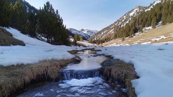 Snowy mountain valley stream cascading through meadow. photo