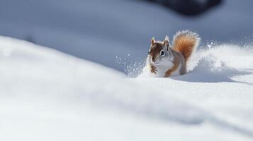 Agile squirrel scurrying across snowy mountain terrain. photo