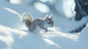 A light-filled winter scene featuring a squirrel in the snow. photo