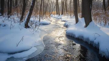 Winter stream flowing through snowy forest. photo