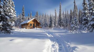 Snowy winter landscape with a wooden cabin nestled among pine trees. photo