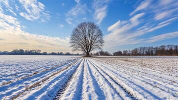 Solitary tree atop a snow-covered field under a bright sky. photo