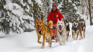 Winter scene of a person pulling a sled dog team through snowy woods. photo